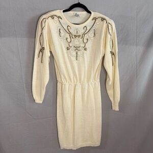 Darian Women's Acrylic Ivory Beaded Sweater Dress  Small Vintage Cream